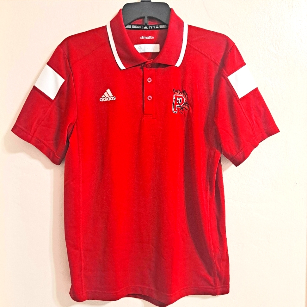 Adidas Red and White Striped Polo Shirt Pitchfork Logo Size Small